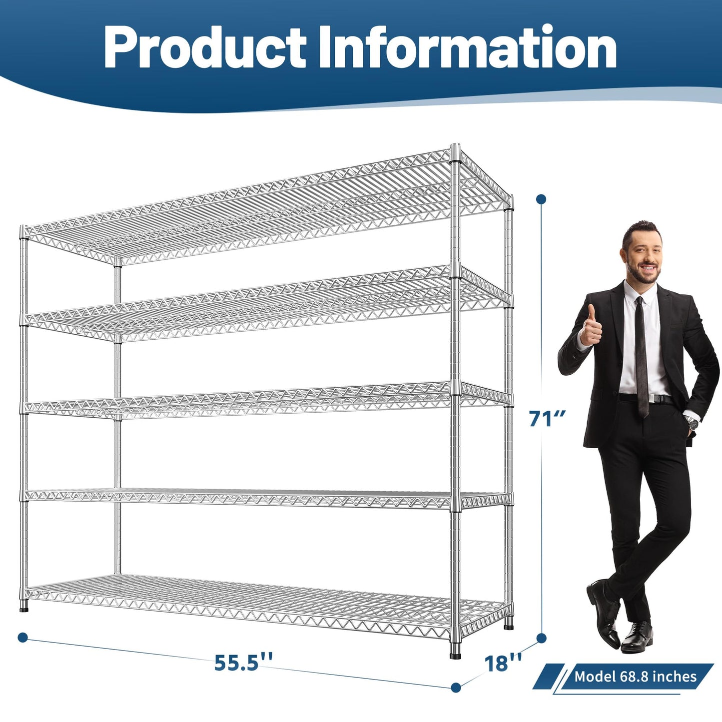 REIBII 55.5" W Storage Shelves 3200LBS Metal Shelving 5 Tier Wire Shelving Garage Shelving Heavy Duty Metal Shelves for Shelving Unit Commercial Adjustable Shelf, 55.5" W X 18''D X 71" H，Chrome
