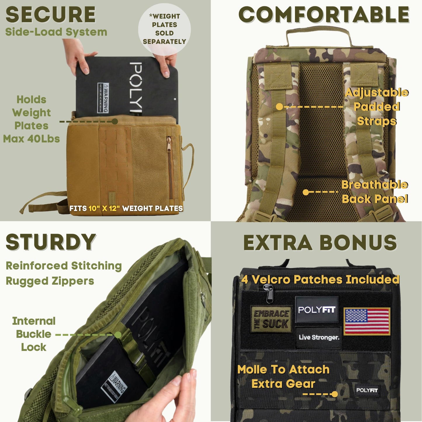 Polyfit Rucking Backpack 2.0 - Weighted Ruck Pack for Weight Plates - Patent Pending Side-Loading Rucksack for Walking, Running, Rucking, Strength and Endurance Training - Green