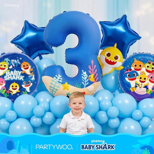 Baby Shark | PartyWoo Blue Foil Number 3 Balloon - 18 Inch Mylar Helium Birthday Decor for Kids