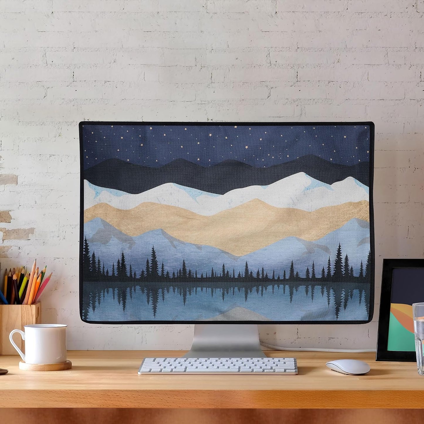 27-28" kwmobile Dust Cover for Monitor - Linen Monitor Protector with Design - Starry Night Lake White/Light Brown/Dark