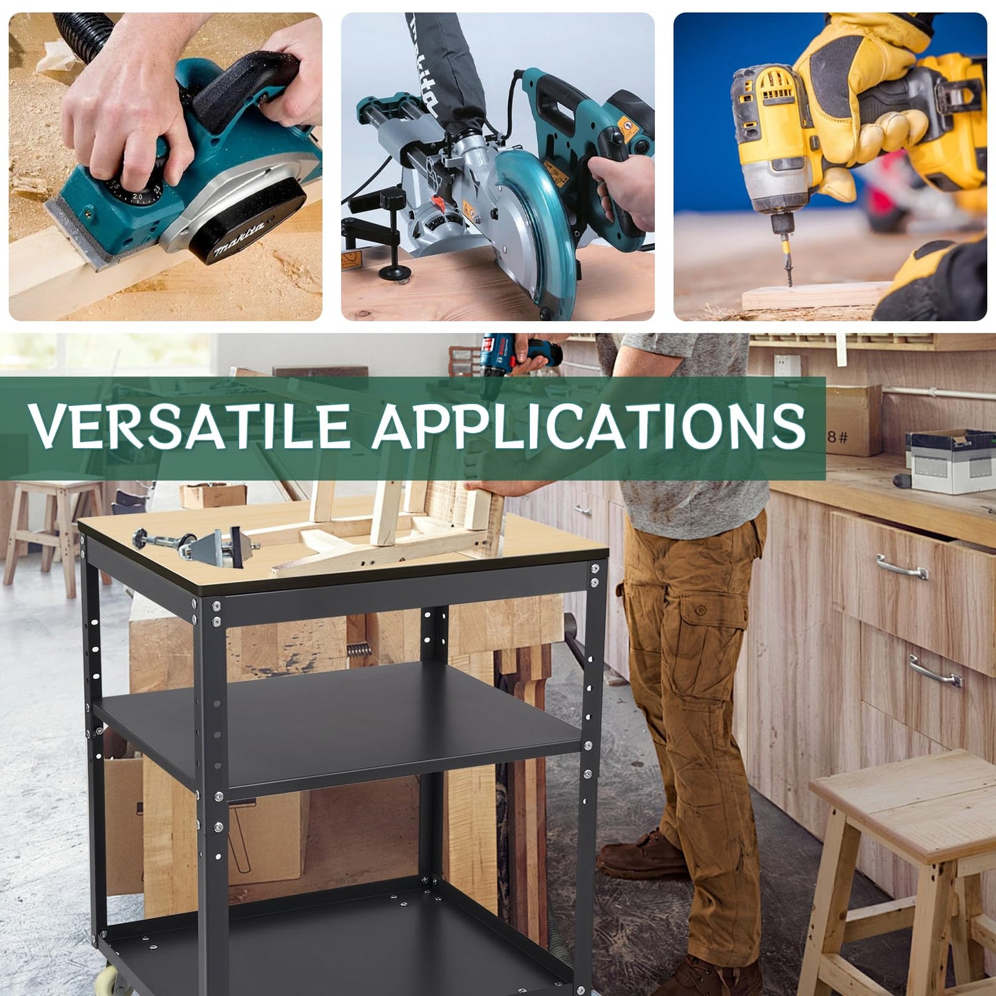 Planer Stand,Rolling Adjustable Planer Table, Heavy Duty Steel Workbench for Miter Saw, Table Saw, and Benchtop Power Tools, 500 lbs Capacity 3-Tier Tool Storage for Workshop & Garage