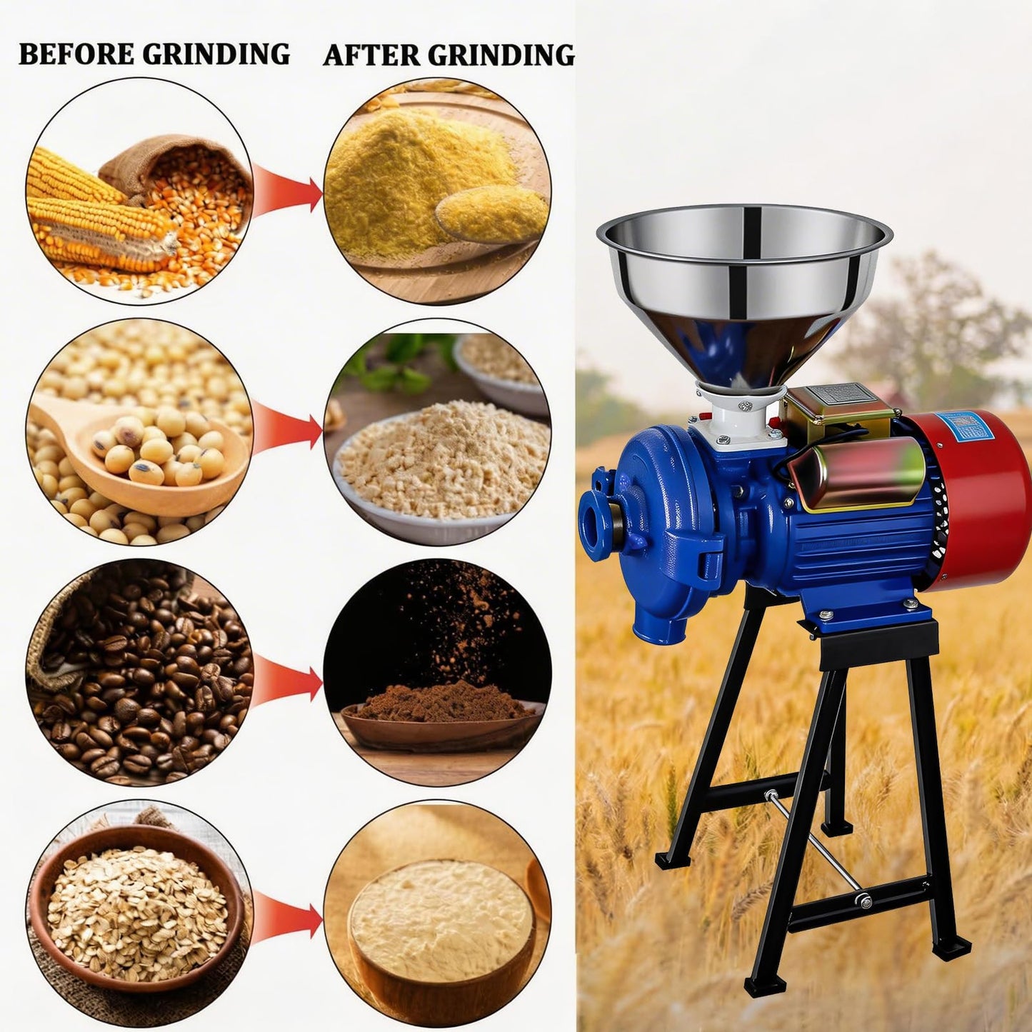 XYJBHB 3000W Electric Grain Mill Grinder, Commercial Corn & Spice Grinder with Adjustable Thickness, Heavy Duty Dry Feed Flour Mill for Wheat, Rice, Herbs, and Pepper– 110V, Dry Use
