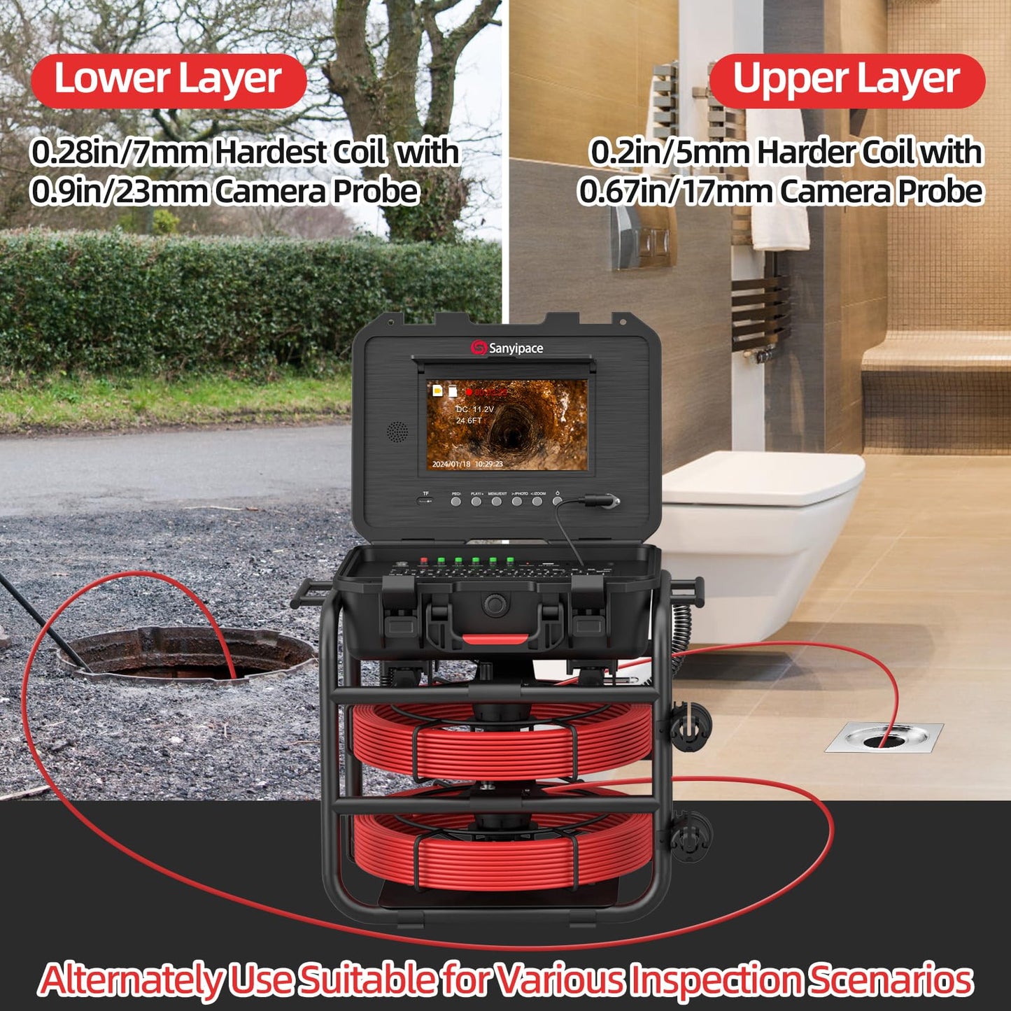 Sanyipace Sewer Camera 100FT/30M with DVR Recorder, Drain Camera with Lights, Pipe Sewer Scope Inspection Camera with IP68 Waterproof Camera Probe, 9" Color Screen, 16GB TF Card, Camera Guide Wheel