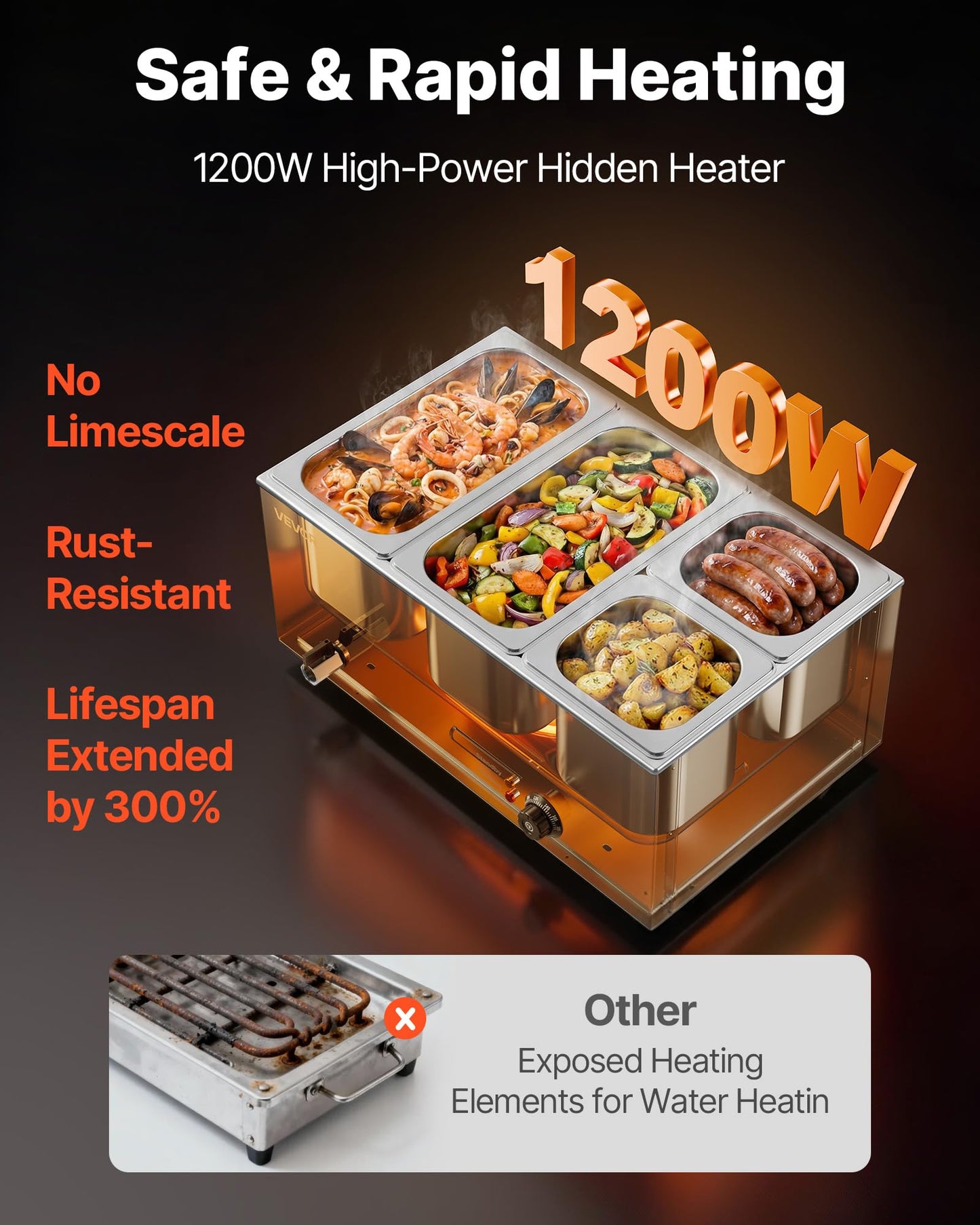 VEVOR 4-Pan Commercial Food Warmer, 24QT Electric Steam Table, 1200W Professional Countertop Stainless Steel Buffet Bain Marie with 86-185°F Temp Control for Catering and Restaurants, Silver
