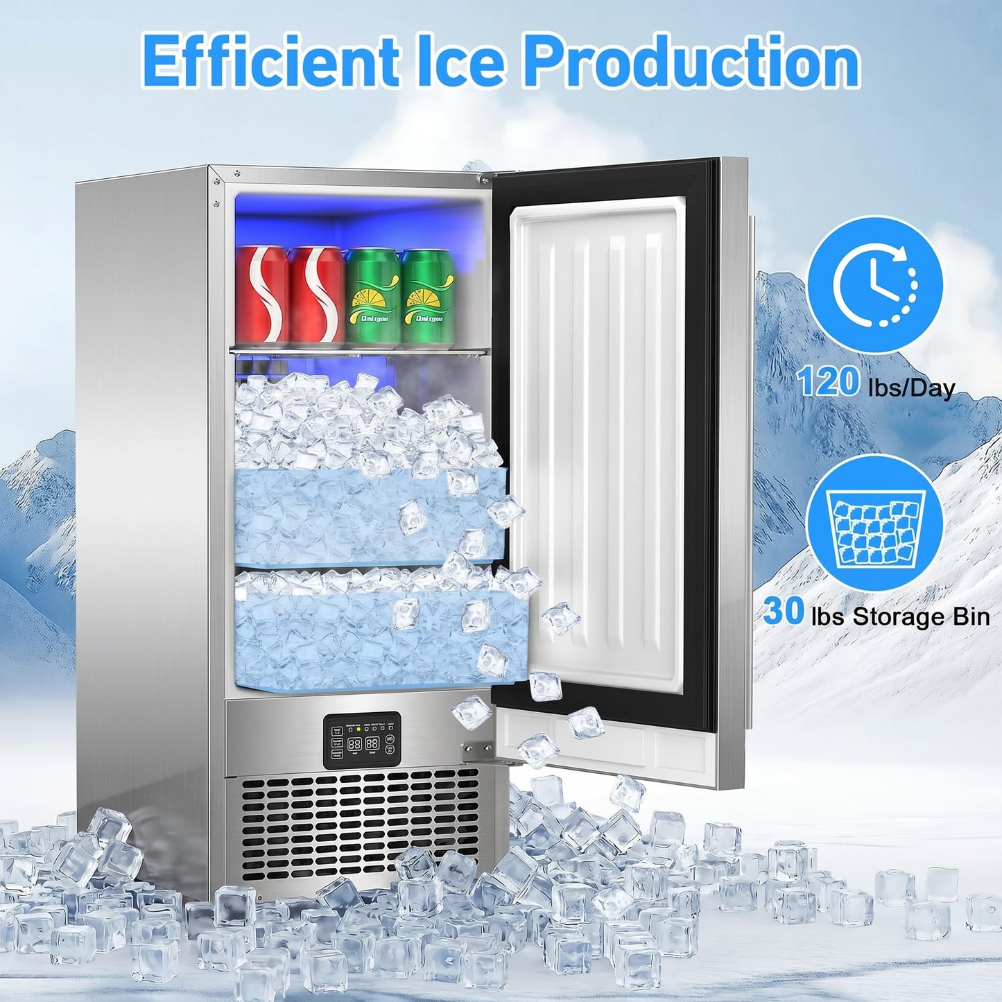 Under Counter Ice Maker 120lbs/24h, 2 in 1 Commercial Ice Machine & Beverage Refrigerator with 2 Drawers & 30lbs Storage, Stainless Steel Reversible Door, Adjustable Ice Thickness for Home Bar Kitchen