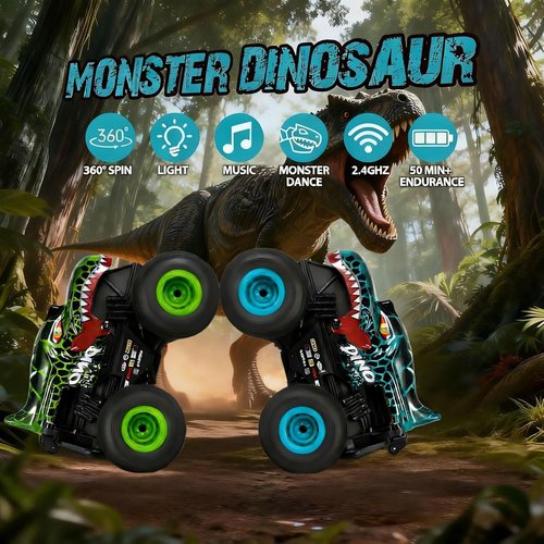 DYODYORC Remote Control Car - 2.4GHz All-Terrain Dinosaur Monster Truck with Music & Lights | 360 Stunt Capable, 2 Batteries, Cyan