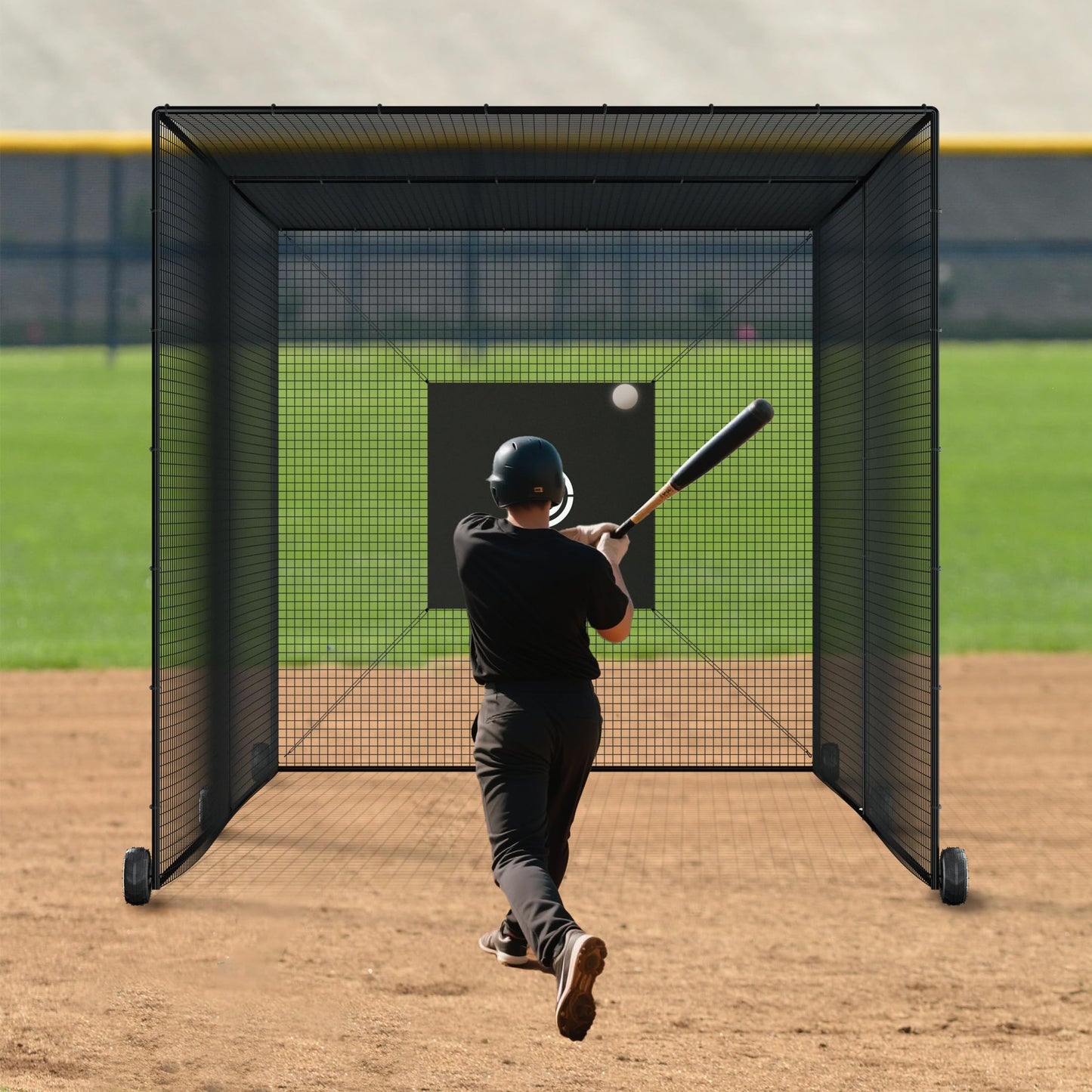 MR Mobile Baseball Batting Cage 24ft, Portable Heavy-Duty Baseball Hitting Cage w/Wheels, Wheel-Based Softball Batting Cage, Fully Enclosed Batting Cage Tunnel Complete Kit w/Frame and Netting