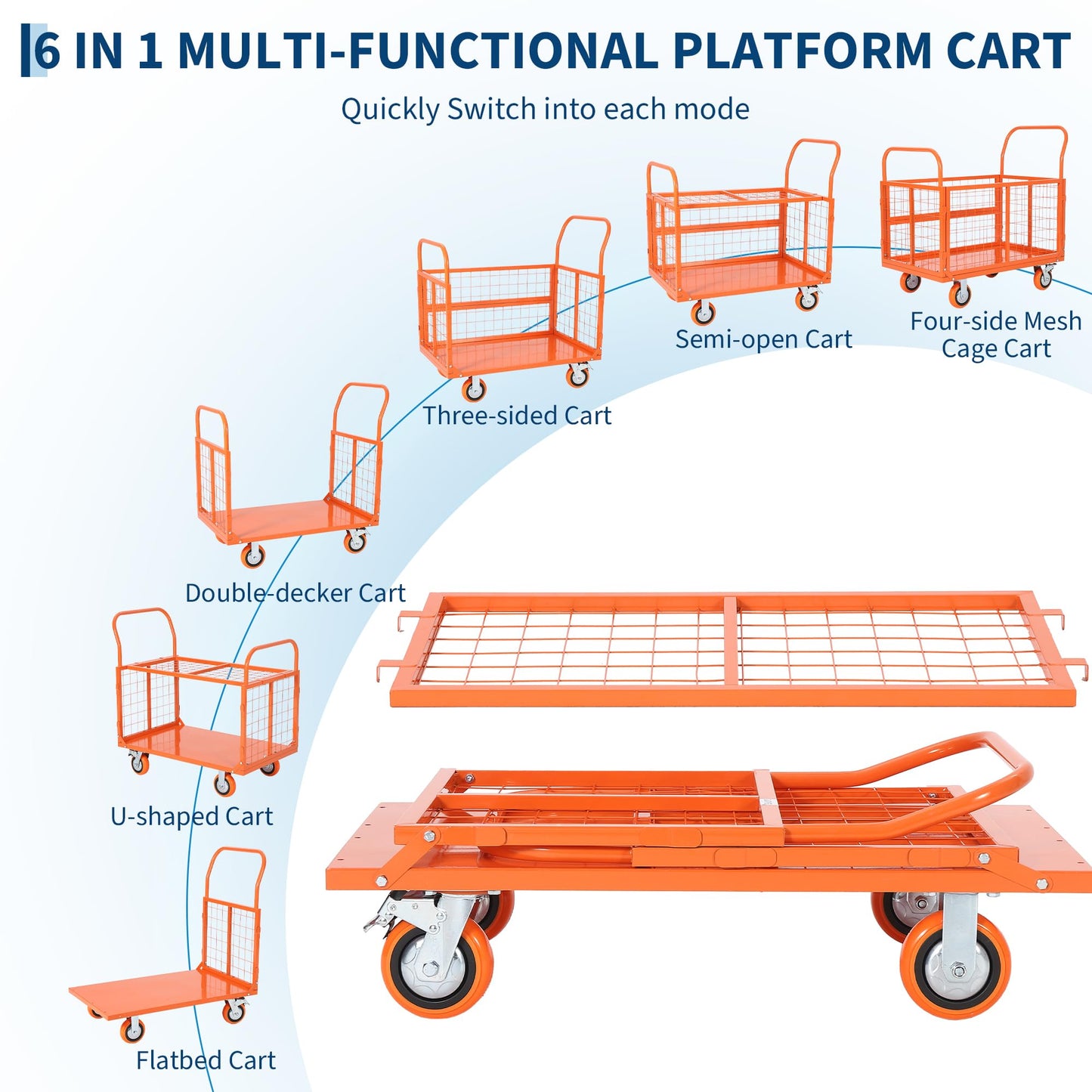 6-in-1 Folding Flatbed Dolly, 1800lbs Heavy Duty Platform Cart with Removable Mesh Sides, Orange Red Lockable Swivel Casters, Smooth Rolling for Hardwood Carpet, Easy Assembly for Garage Warehouse