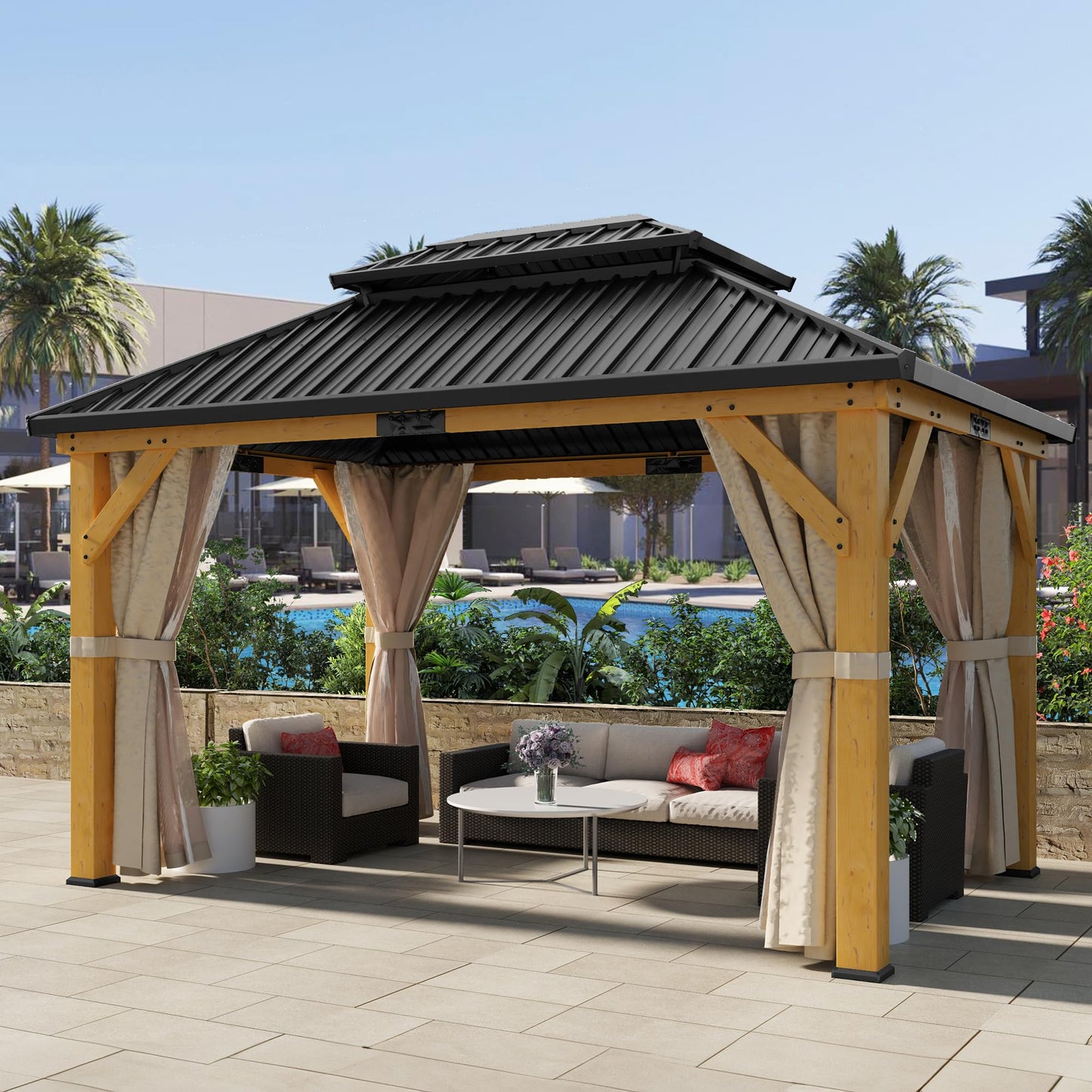 DWVO 11X13FT Gazebo Wood Outdoor Wooden Frame Double Roof Hardtop Galvanized Steel Top Canopy w/Curtain and Netting, Patio Heavy Duty for Deck, Backyard, Beige Yellow