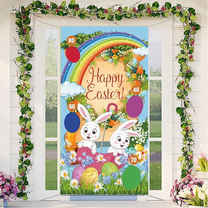 Easter Toss Game with 4 Bean Bags and 2 Pack Easter Inflatable Bunny Rabbit Ears Ring Toss Party Games Indoor Outdoor Family Party Supplies Carnival Game