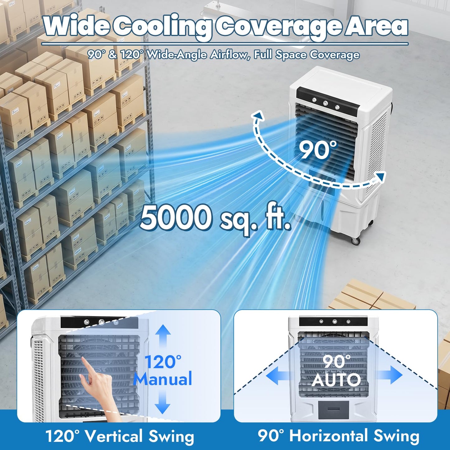 61" High Power 18000CFM Industrial Swamp Cooler, Evaporative Air Cooler with 40 Gal Tank, 3-Speed, 2 Modes, 4 Ice Packs & Storage Bag, Industrial Cooling Fan for Garage Warehouse Factory, 5000 sq.ft