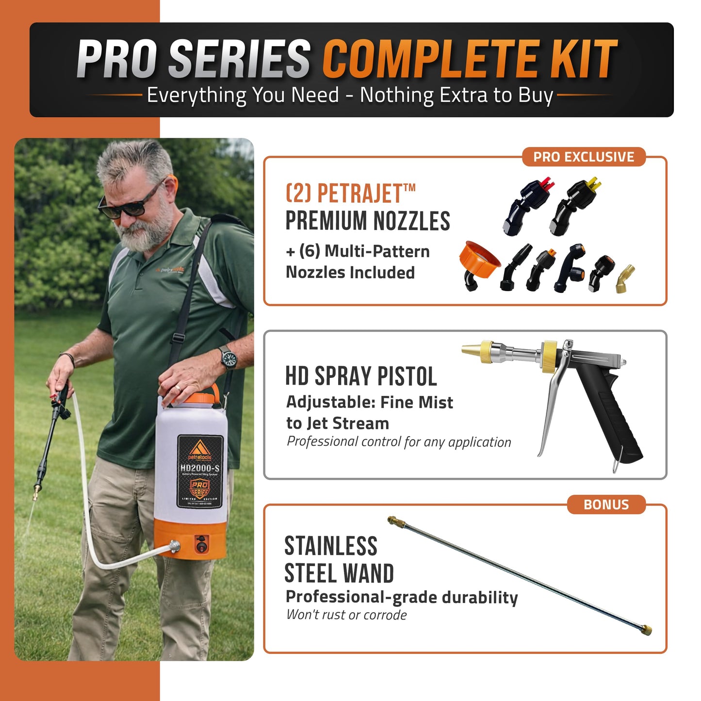PetraTools Battery Powered Sprayer 2 Gallon – Battery Operated Sprayer for Lawn and Garden, 2 Gallon Sprayer for Weed control, Pest Control, Watering with 9 Spray Nozzles & Gloves (2Gallon Pro Series)