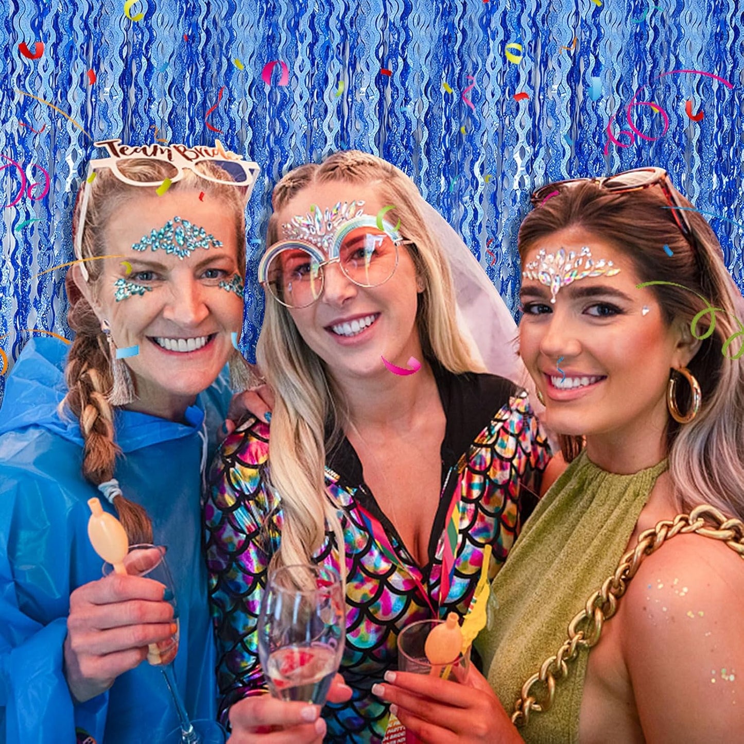 Skiennix Blue Tinsel Foil Fringe Curtains - Sparkling Wavy Backdrop for Parties & Photo Booths