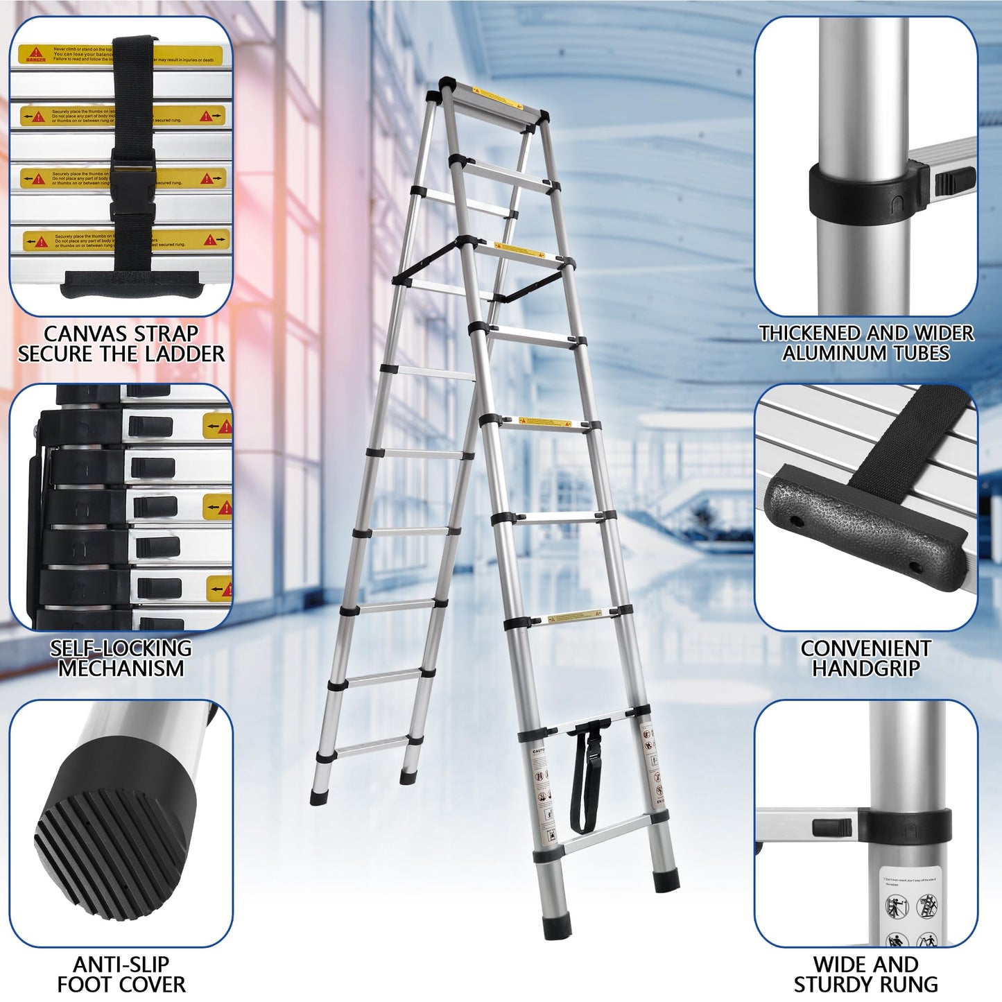 8.53 FT A-Frame Aluminium Telescoping Ladder,9+9 Step Ladder,330LB Load Capacity,Portable Telescopic Folding Extension Ladder Heavy Duty Collapsible (2.6m+2.6m/8.53FT+8.53FT A Frame)