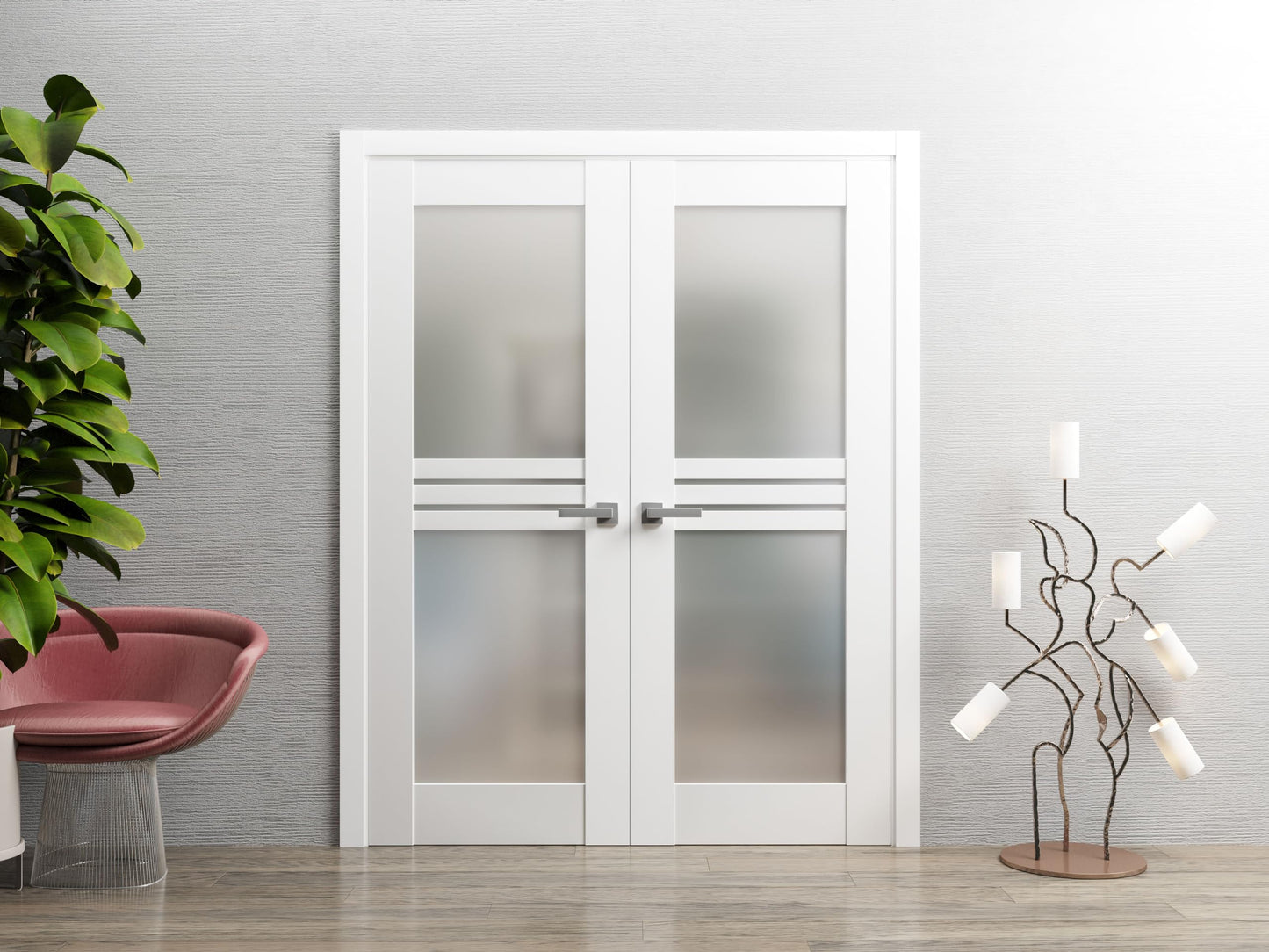 VDOMDOORS Mela 7222 | Double Swing Interior French Doors with Glass with Frosted Glass, MDF, Hardware Included, 84x96, White, Modern