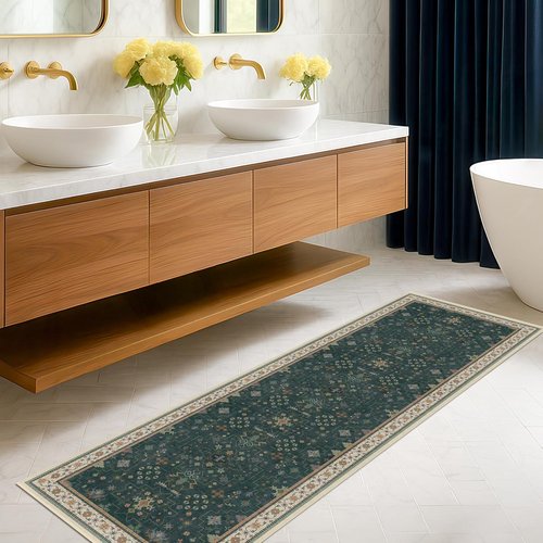 Hazo Haus Vintage 2x7 Washable Runner Rug - Non-Slip, Stain Resistant | Dark Green Floral Design for Kitchen & Hallway