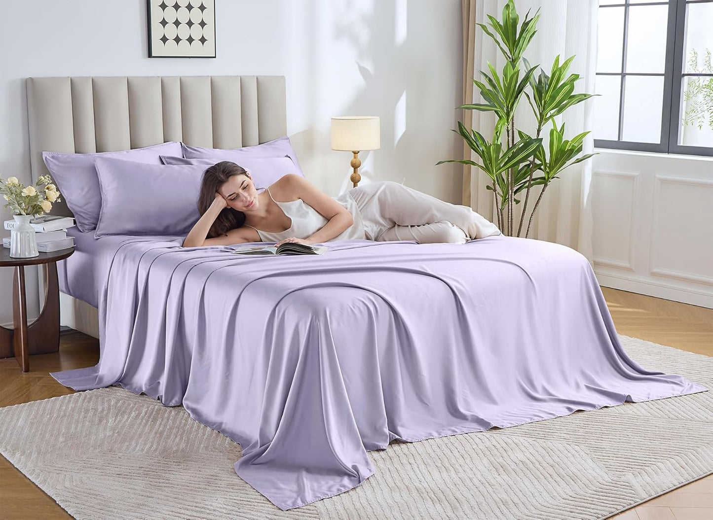 Pure Bamboo Queen Sheets - Luxuriously Soft & Cooling 100% Organic Viscose Bed Sheet Set | Lavender, Double Stitching