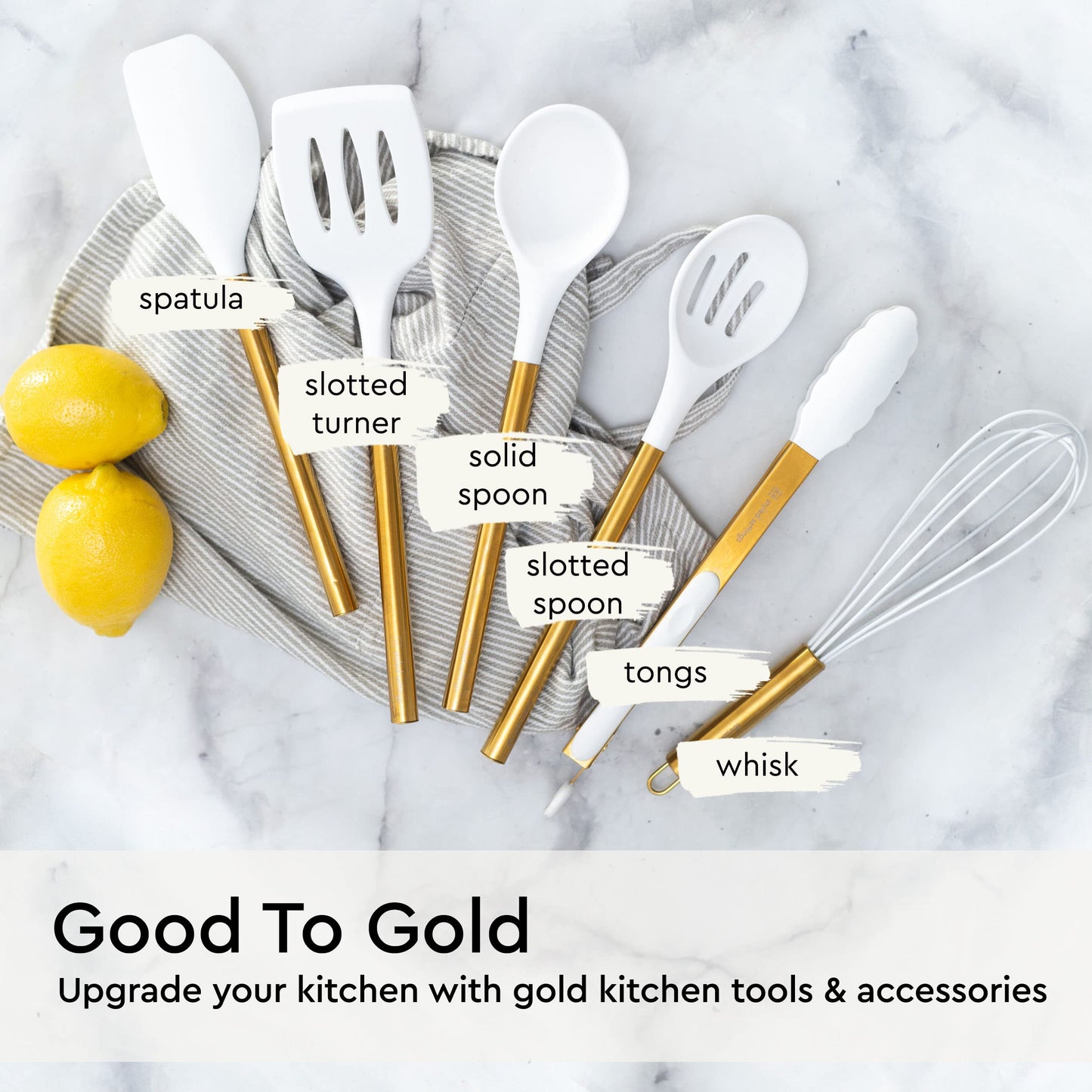 Gold Kitchen Utensils Set – 6 PC White Silicone and Gold Cooking Utensils with Spatula, Whisk, Tongs, Spoons, Cooking Tools for Nonstick Cookware – Luxury Kitchen Accessories for Home Chefs