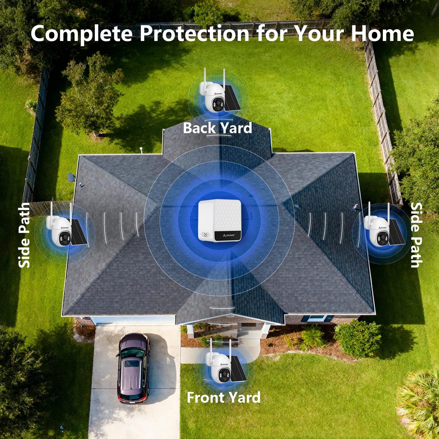 Anakk 4MP Solar Security Cameras Wireless Outdoor, 355° Pan Tilt Motion Detection,Color Night Vision, 5GHz/2.4GHz WiFi, IP65, 4-Cam Kit with 64GB Local Storage, No Monthly Fee Camera for Home Security
