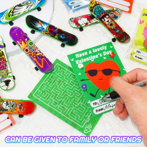 Manekulis Valentines Day 24Pcs Finger Skateboards with Cards for Kids,Valentines Gift for Classroom,Valentines Exchange Gifts Class with Party Favor for School,Birthday Goodie Bag Stuffers