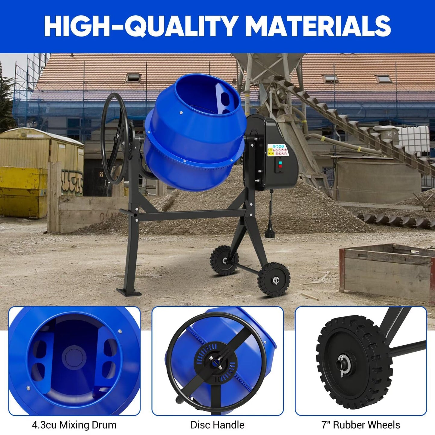 Dkenicor Electric Cement Mixer, 4.3 Cu.Ft. 450W 3/5HP Portable Concrete Mixer Machine with Wheels & Stand Steel for Stucco, Mortar, Feed Mixing, Ideal for Construction & Farm Use, Blue