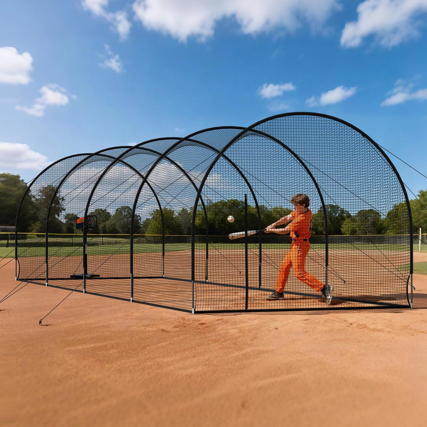 VEVOR Baseball Batting Cage, 40.0 x 12.1 x 10.0 FT Fiberglass Portable Batting Cage, Hitting Cages with 4-Ply Knotless Polyester & Pitching Machine Opening, Battings Cages Netting for Indoor Outdoor