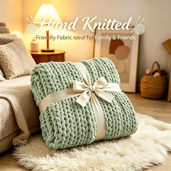 Admitrack Chunky Knit Blanket Throw, 100% Hand Knit Chenille Throw Blanket for Sofa & Home Decor, Soft and Cozy Knitted Throw Blankets (Sage Green，40"x50")