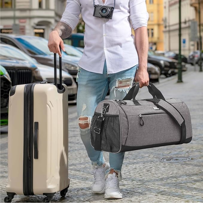 TOPDesign Gym Bag for Women & Men, Unisex Duffel Bag with Shoe Compartment & Wet Pocket for Travel Sports Gym (M Textured Grey)