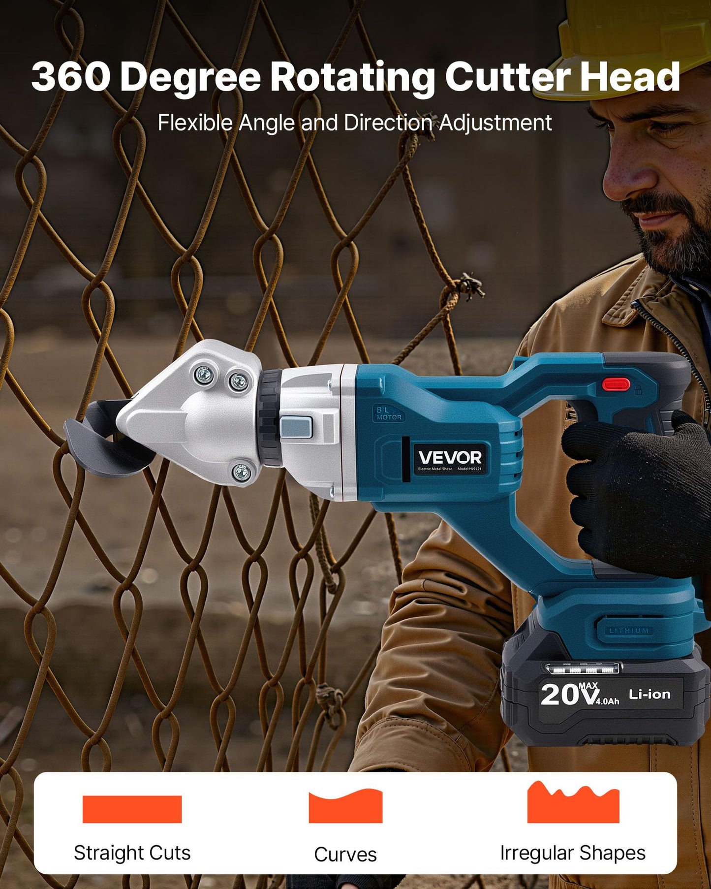 VEVOR Metal Shear, Cordless Sheet Metal Cutter with 360-Degree Pivoting Head, Double Blades, 110VAC 20VDC, Cuts 18 GA Galvanized Steel, 20 GA Stainless Steel, Aluminum, Plastic, Cardboard, 2800SPM