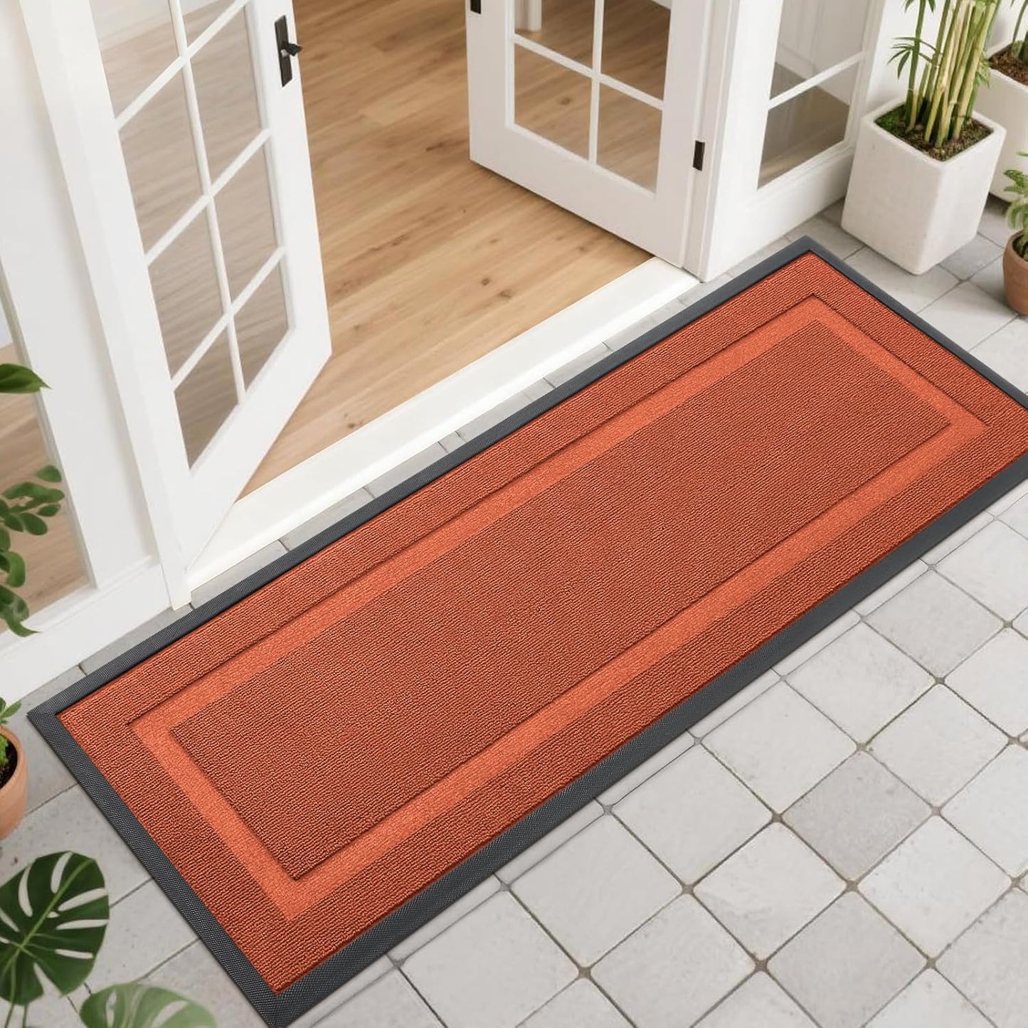OLANLY Waterproof Front Door Mat - All-Season Natural Rubber Doormat | Easy Clean, 47x17, Vermillion Red