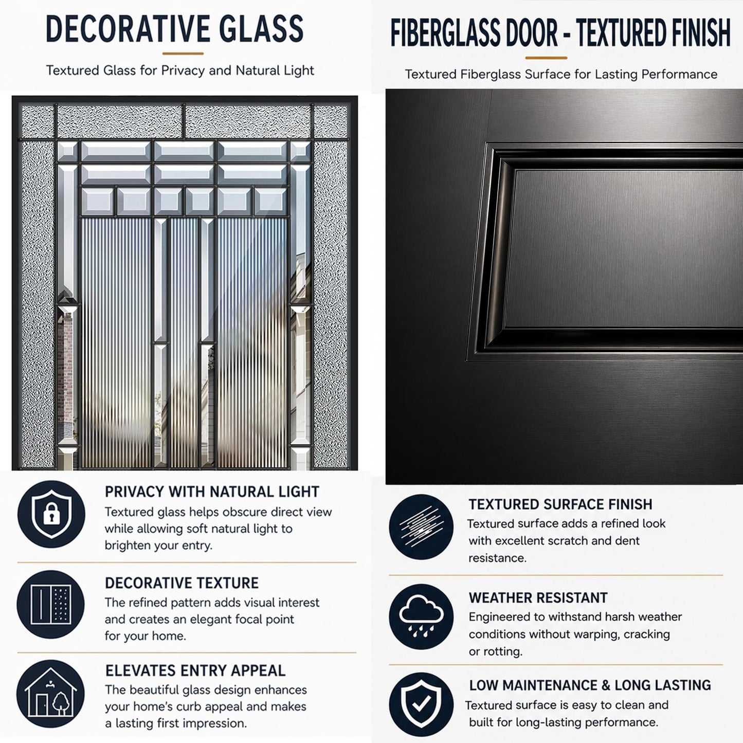 Fiberglass Front Door with Double Sidelights - 68" x 80", Single Exterior Entry Door with Decorative Glass and 14in Sidelights, Left Hand Inswing, Black Knock-Down Door, Brickmould and Jamb Included