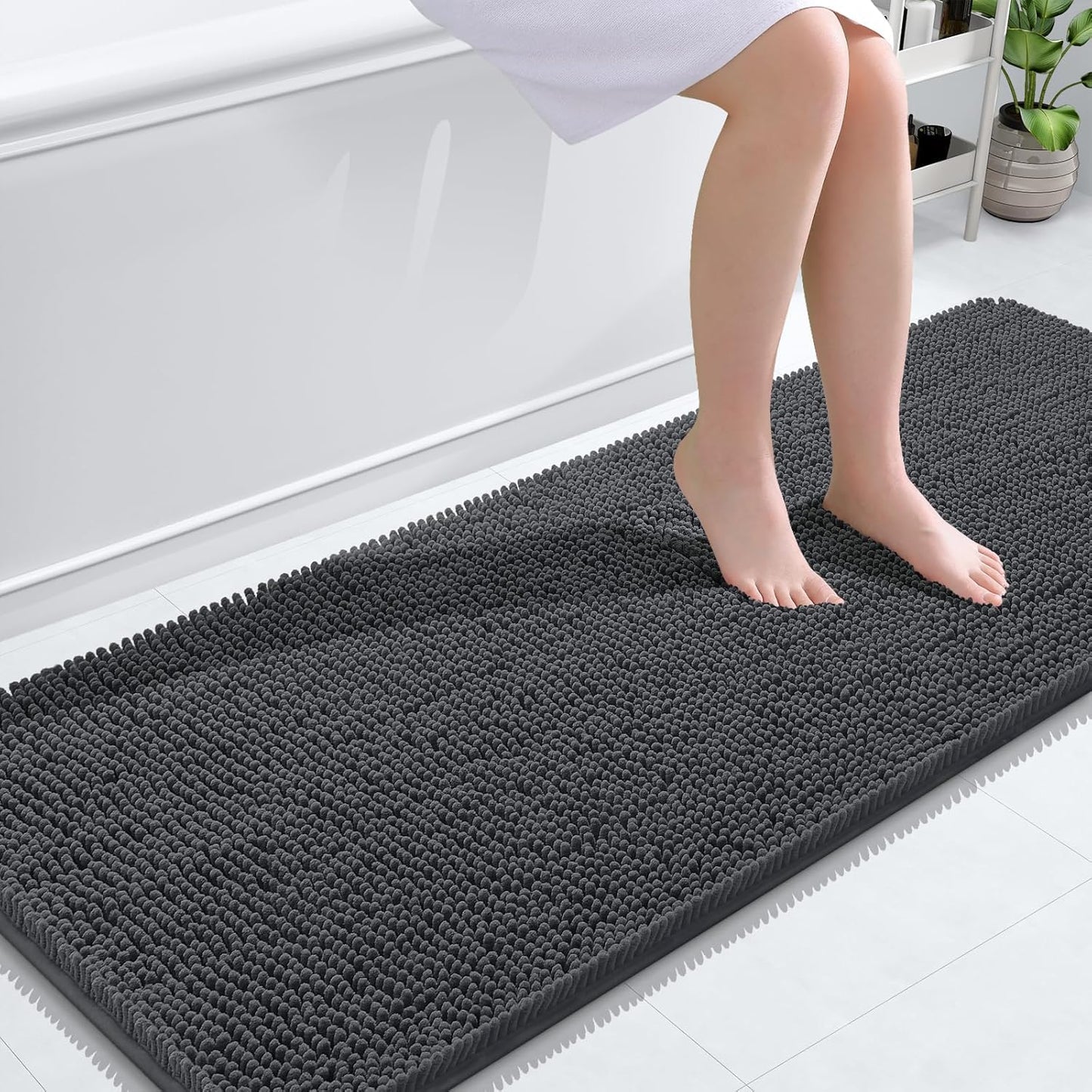 OLANLY Bathroom Runner Rugs - Soft Absorbent Chenille Bath Mat with Rubber Backing | 59x24, Dark Grey