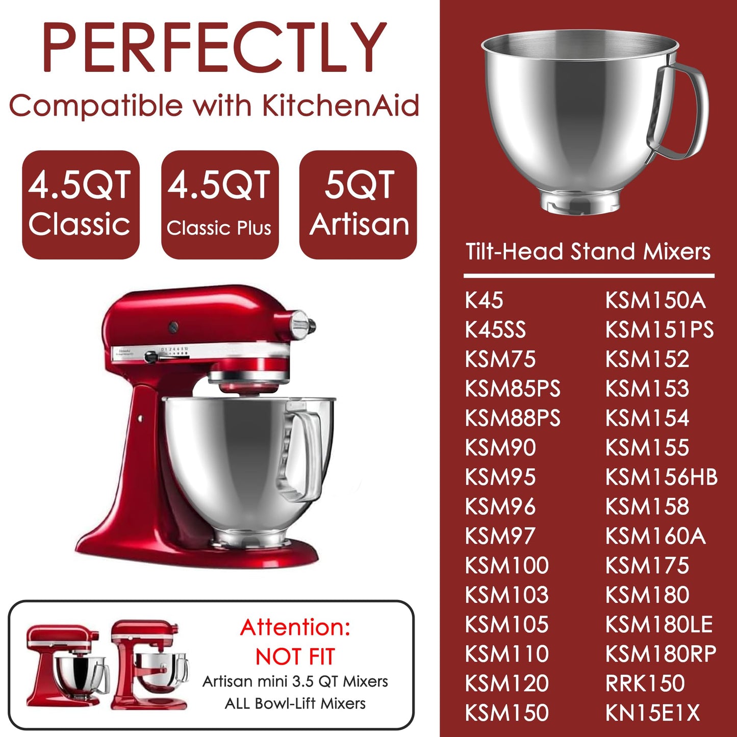 Stainless Steel Mixer Bowl for KitchenAid Artisan & Classic Series 4.5 Quart / 5 Quart Tilt-Head Stand Mixers, KSM150 Stainless Steel Bowl Replacement, Mixing Bowl for KitchenAid, Silver
