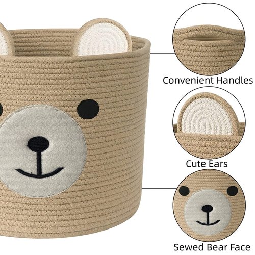 Bear Laundry Baskets Laundry Hamper Storage Baskets with Handles,Decorative Basket for Living room,Woven Storage Basket for Toys Bin Pillows Blankets Clothes (Khaki - Version 2)