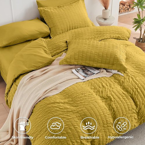 HYMOKEGE Twin XL Comforter Set - Mustard Yellow Seersucker 5-Piece Luxury Bedding Set