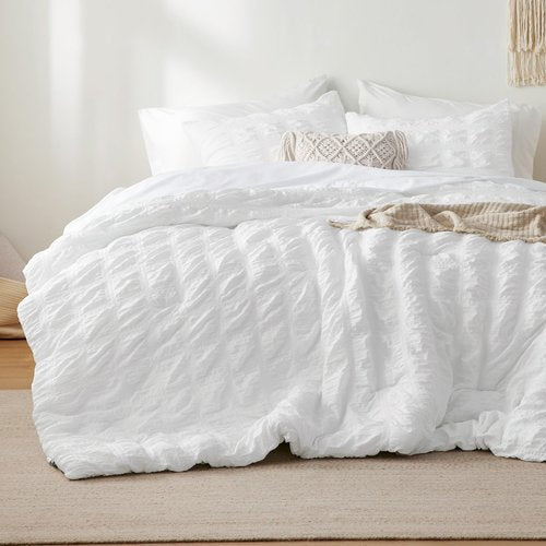 Bedsure Cooling Seersucker Comforter Sets Queen Size Bed 7 Piece, Soft Lightweight White Bedding All Season Queen Bed in a Bag Set With Comforters, Sheets, Pillowcases & Shams