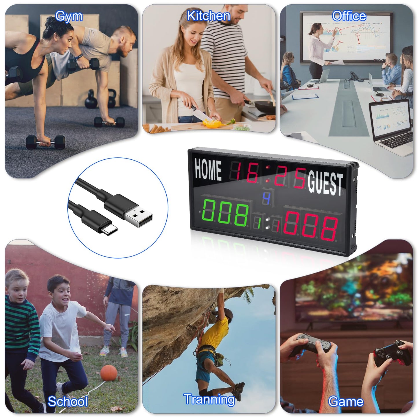 Samshow 2025 LED Electronic Scoreboard Digital Score Keeper with Remote, Basketball Scoreboard with Shot Clock & Timer & 12/24h Real Time for Football/Corn Hole/ping Pong/Table Tennis