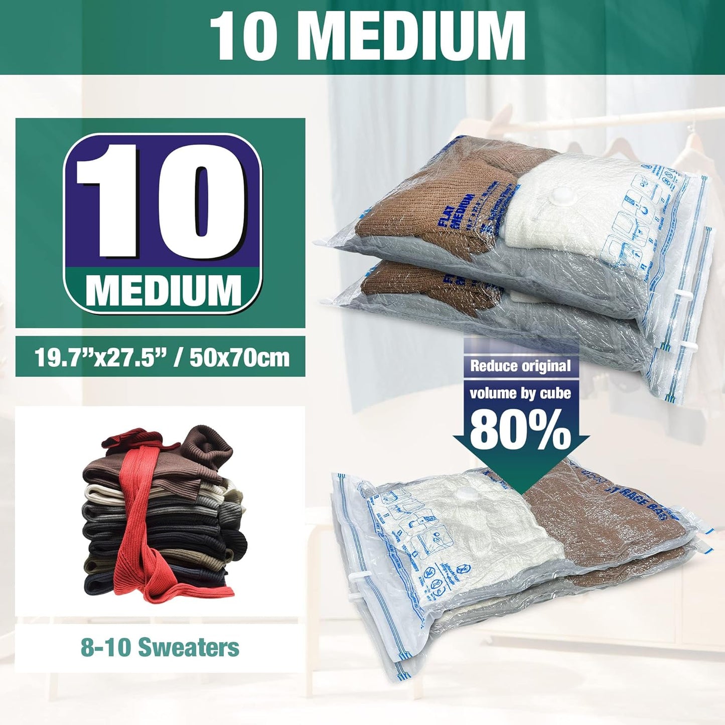 Skiennix Vacuum Storage Bags - 10 Medium Space Saver Vacuum Seal Bags with Travel Hand Pump