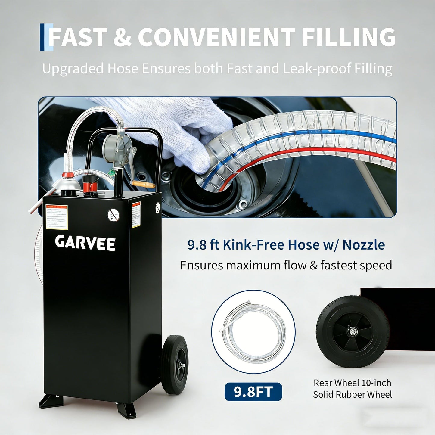 Garvee Fuel Transfer Tank with Pump, 35 Gallon Fuel Caddy, Gas Storage Tank, Gasoline Diesel Fuel Tank for Cars, Lawn Mowers, ATVs, Boats, More, Black