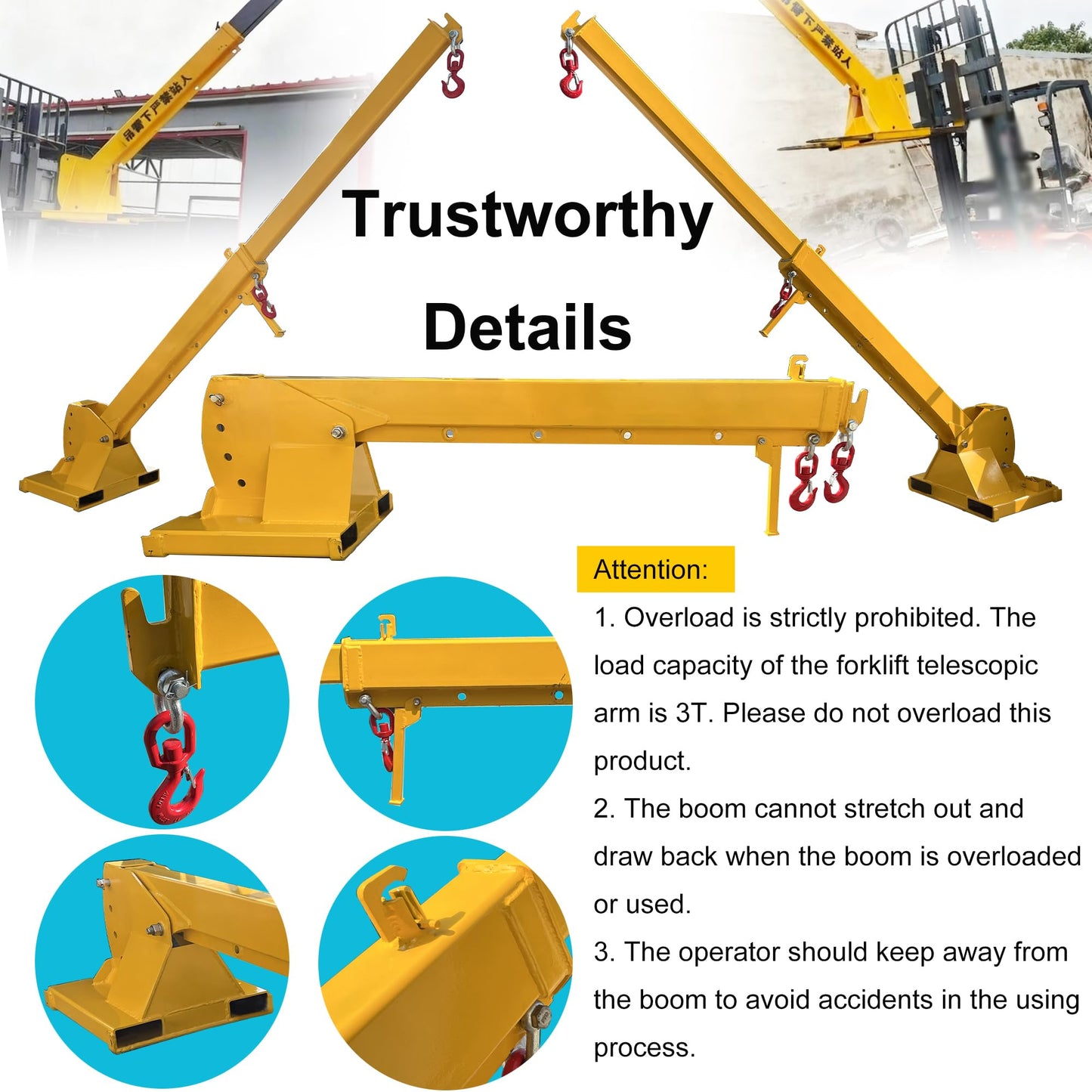 HayWHNKN 3T Forklift Telescopic Jib Boom Forklift Mobile Crane with 0-75° Adjustable Tilt Angle, 7-12ft Extension, 2 Hooks, Heavy-Duty Lifting Hoist Towing Handling for Warehouse Construction Factory