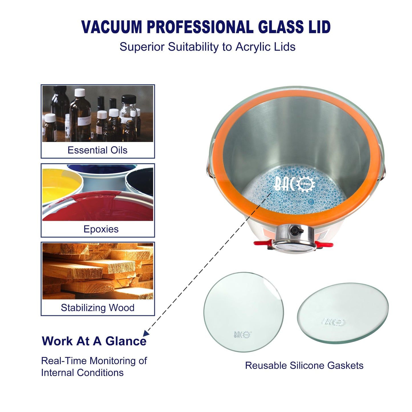 BACOENG 5 Gallon Tempered Glass Lid Vacuum Chamber, Stainless Steel Degassing Chamber for Stabilizing Wood, Degassing Silicones, Epoxies and Essential Oil