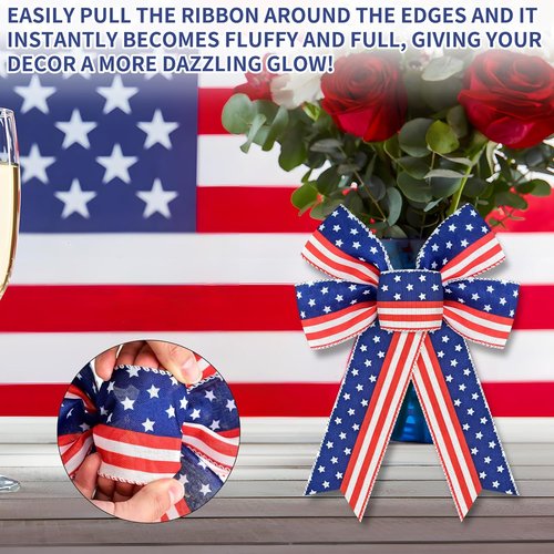 MuPera Patriotic Bow Set - 6 Pcs Red, White & Blue Wreath Bows for Independence Day Decor