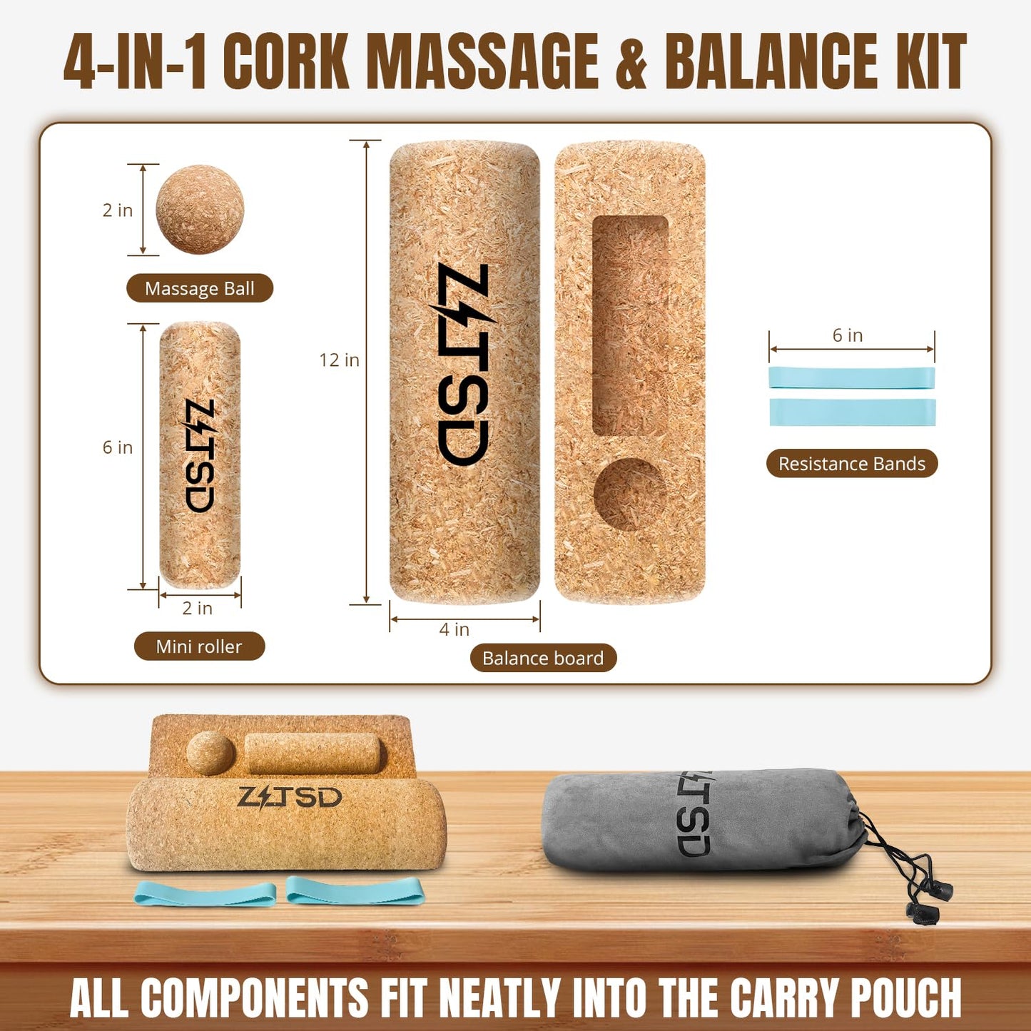 ZITSD Cork Balance Board for Feet, 4-in-1 Ankle Balance and Foot Strengthener Kit with Half Dome Boards, Foot Roller, Massage Ball, Toe Resistance Bands and Exercise Guide