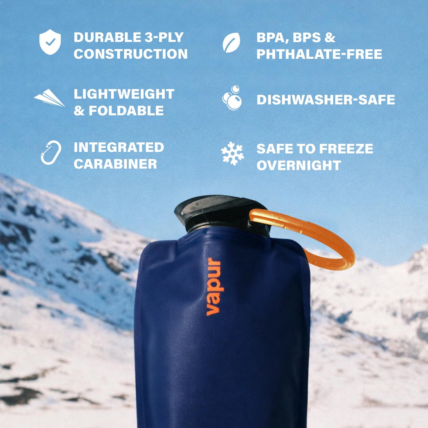 Vapur Collapsible Water Bottle with Carabiner - 34oz (1L), Blackout - Flexible and Lightweight Water Bottle for Travel, Concert, Hiking, and Outdoor Adventures - BPA-Free, Dishwasher-Safe, Freezable