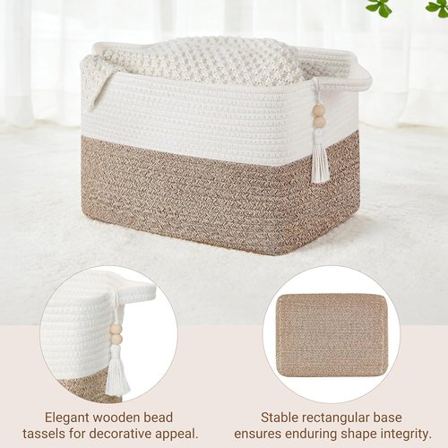 Mkono Woven Storage Basket - Decorative Cotton Rope Cube for Organizing Clothes & Toys | 13'' x 10'' x 9'', Brown & White