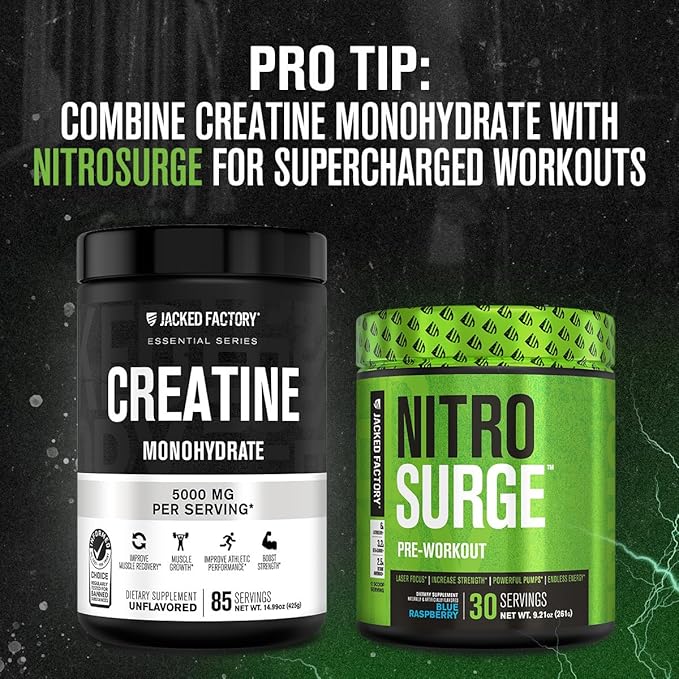 Jacked Factory Creatine Monohydrate Powder 425g - 5g Daily Creatine Supplement for Men and Women, Vegan-Friendly, Third-Party Tested - 85 Servings, Unflavored
