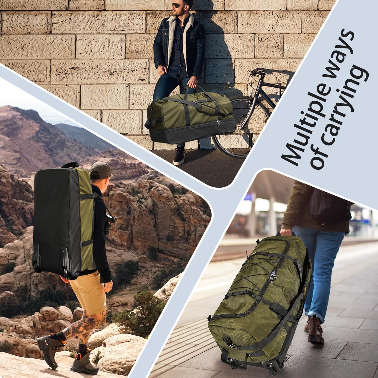 Vrtisa 110L Expandable to 140L 32” Foldable Oxford Soft-Sided Rolling Duffle Bag with 2 Heavy-Duty Wheels,2 Large Compartments,Adjustable Shoulder Strap and Attached Organizer Pouch,Green