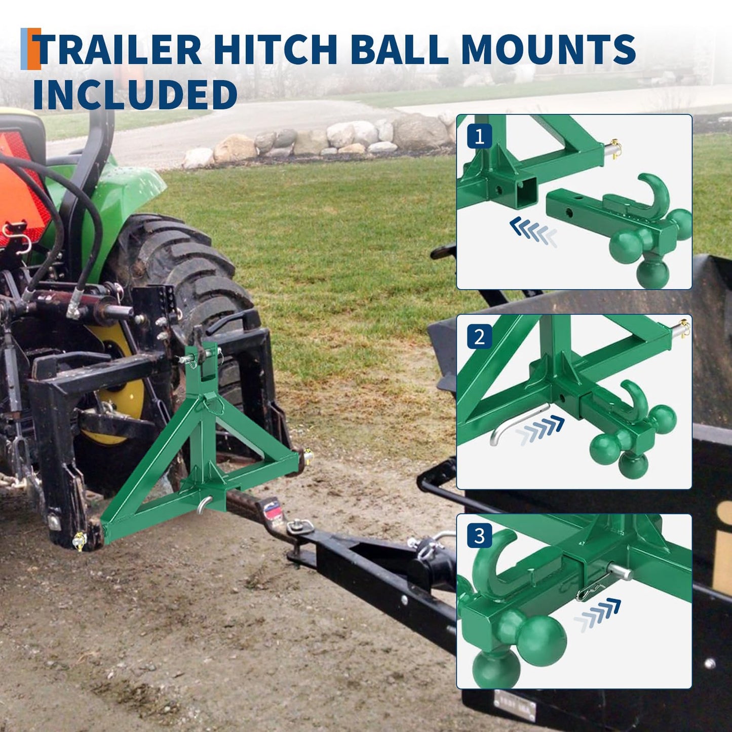 GarveeTech Tractor 3 Point Hitch Receiver - 2 in Receiver & Towing Ball Mount for Implements Hauling, 10,000 LB Tractor Trailer Hitch Attachment for Tractors Standard Category 1