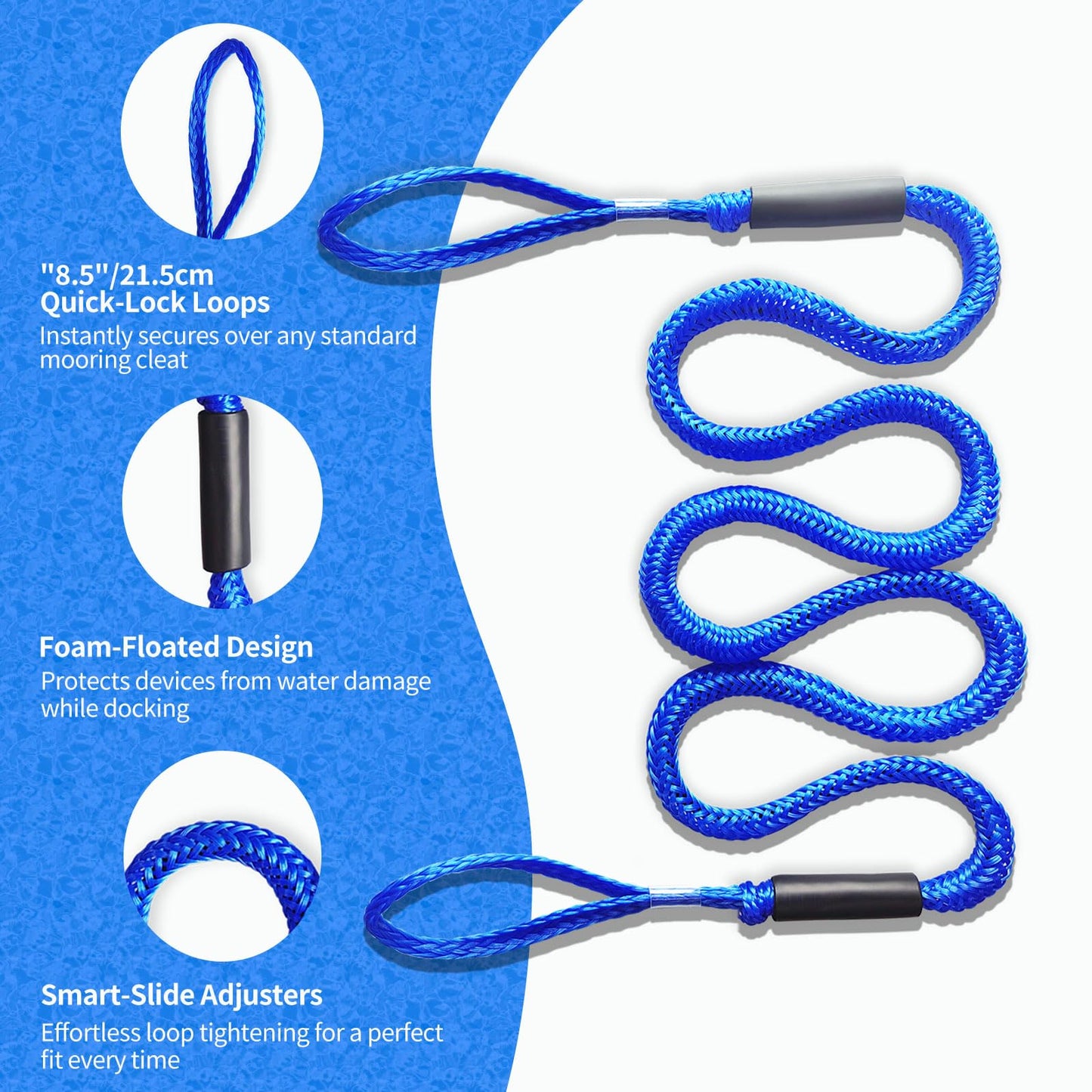 7FT Bungee Dock Lines for Boats – Extra-Long Elastic Mooring Rope with Loops – Quick & Easy Docking for Pontoon, Jet Ski, Kayak, Bass Boat – (Blue)
