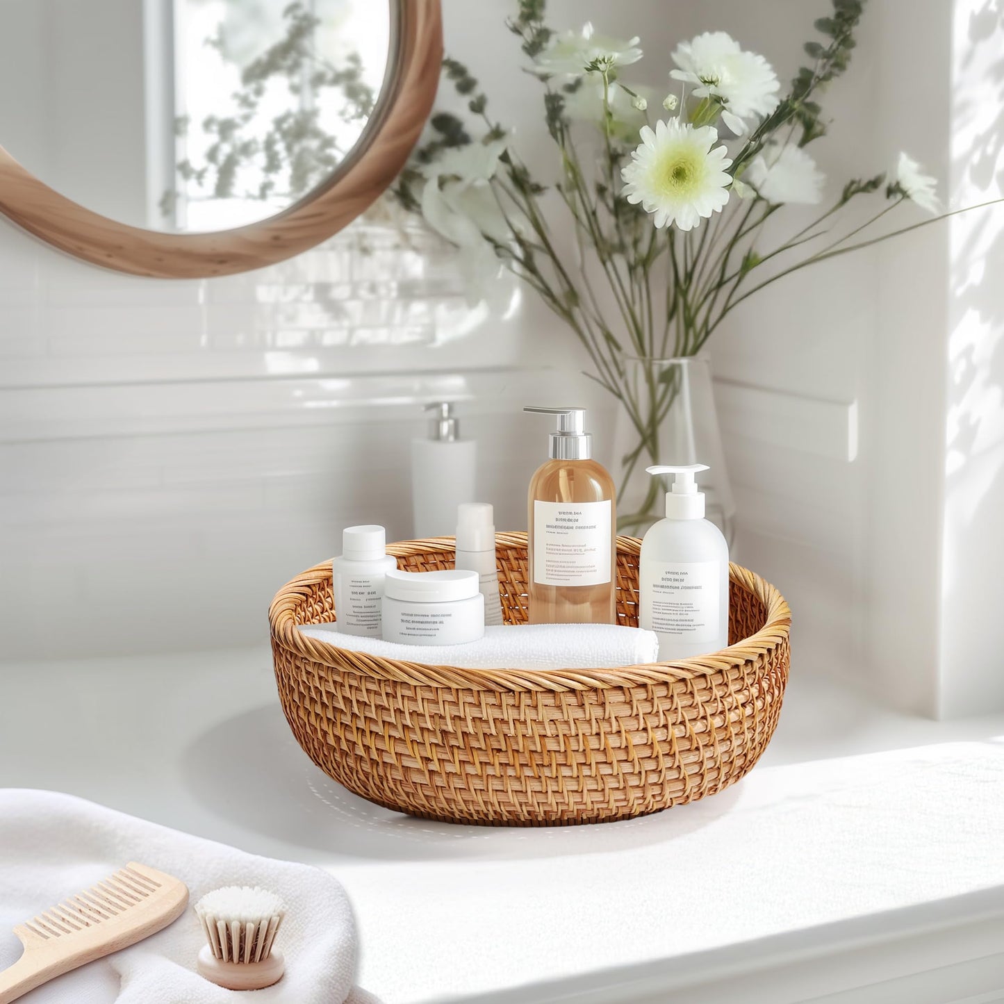 XALVYNQ Honey Brown Natural Rattan Bread Basket Set of 3 - Handwoven Round Wicker Serving Bowls for Fruit, Snacks, Kitchen Counter Organizing | Stackable Farmhouse Decor